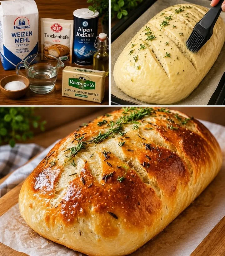 Knoblauchbrot ohne Kneten, frisch aus dem Ofen in 30 Minuten.