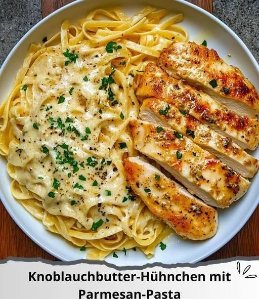 Knoblauchbutter-Hühnchen serviert mit Parmesan-Pasta auf einem Teller.