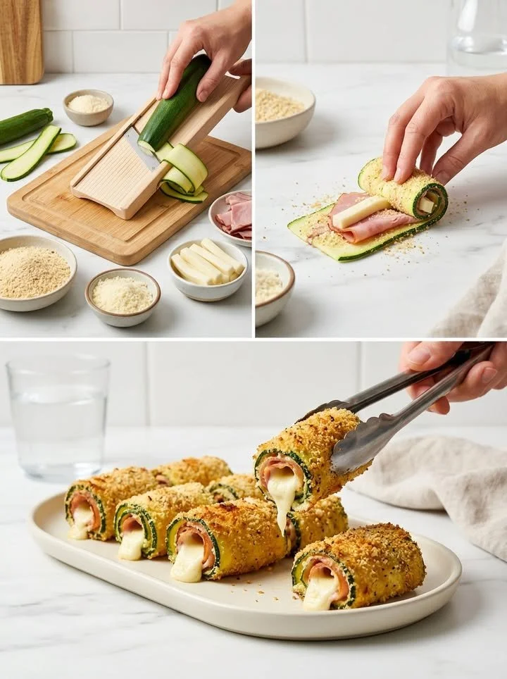 Knusprige Schinken-Käse-Zucchini-Röllchen serviert auf einem Teller