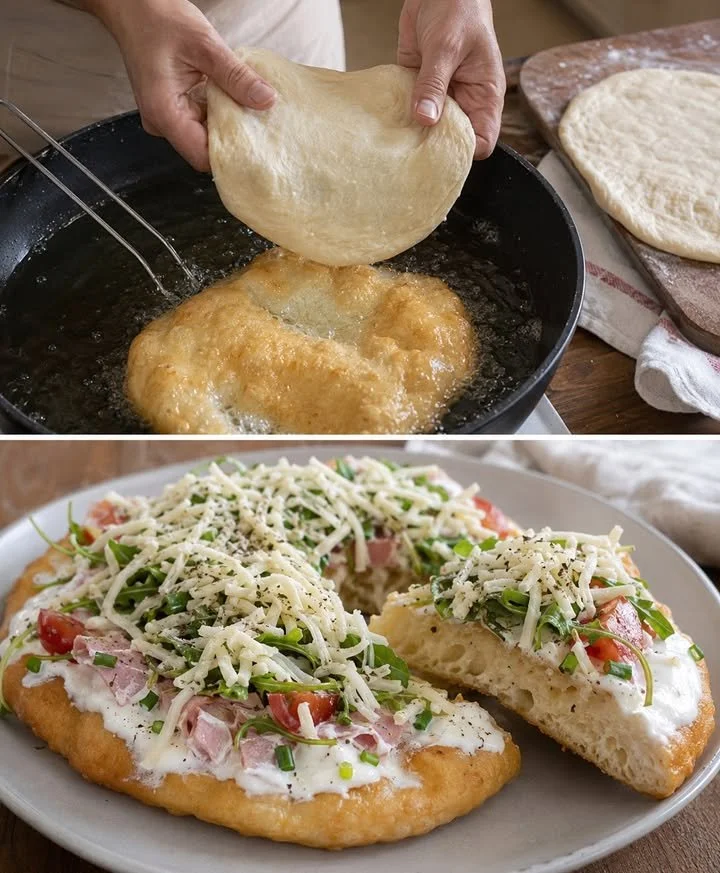 Leckere Lángos serviert mit Knoblauch und Sauerrahm auf einem Holzbrett.