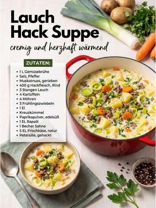 Schüssel mit Lauch Hack Suppe, herzhaft und lecker zubereitet.