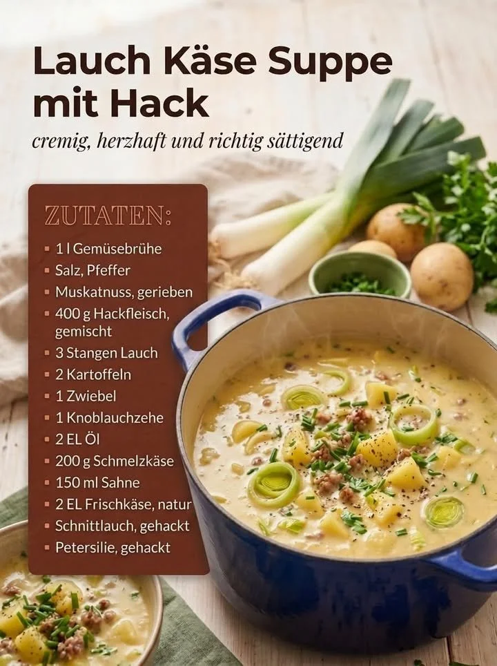 Lauch-Käse-Suppe mit Hack, serviert in einer Schüssel, garniert mit frischem Schnittlauch.