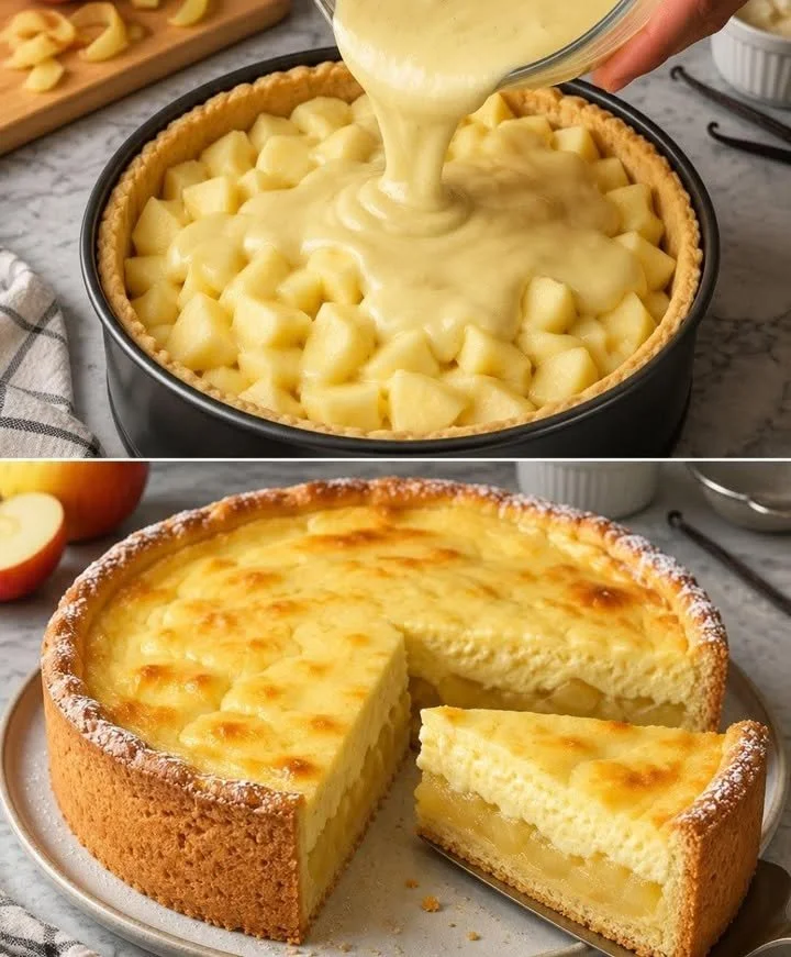 Leckere Apfelkuchen mit Sahne und Puddingguss auf einem Teller