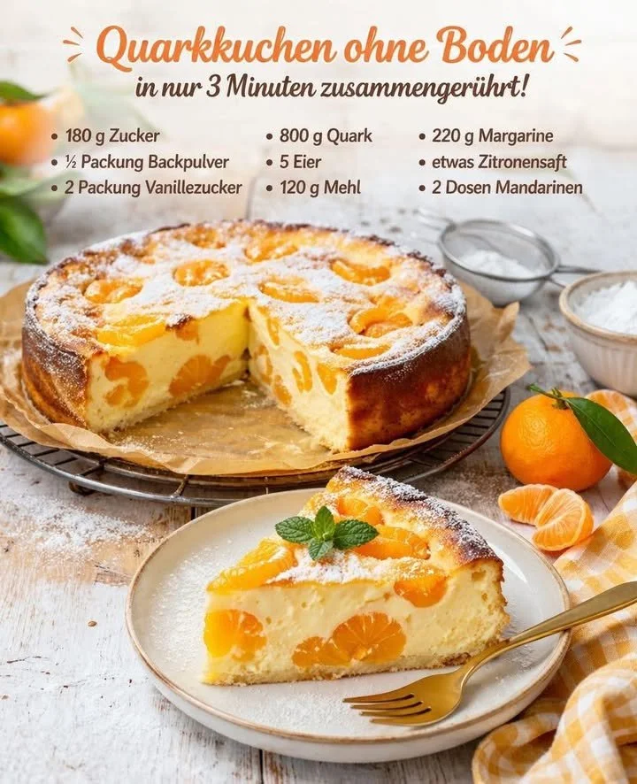 Mandarinen Quarkkuchen ohne Boden, einfach und schnell in 10 Minuten zubereitet