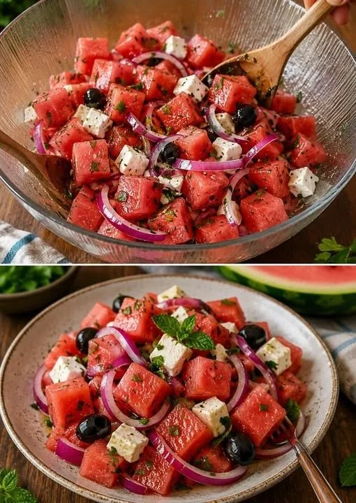 Frischer Melonensalat mit verschiedenen Melonensorten und Minze