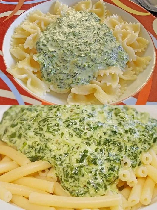 Nudeln mit Sahne-Spinat in cremiger Frischkäsesauce auf einem Teller serviert.
