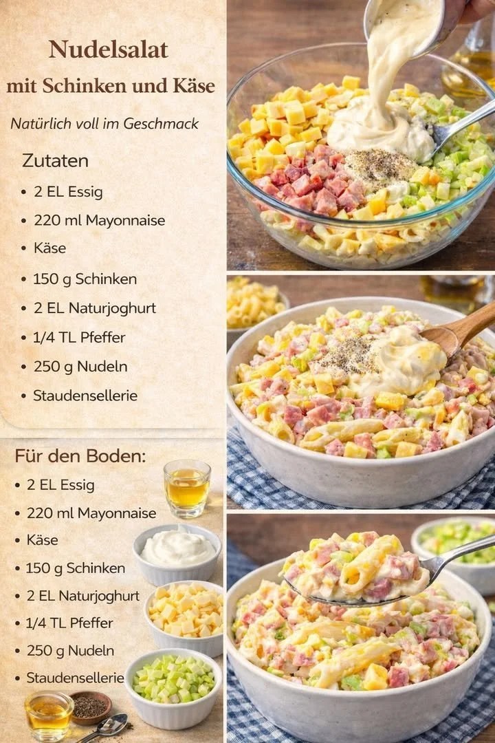 Nudelsalat mit Schinken auf einem bunten Teller serviert.