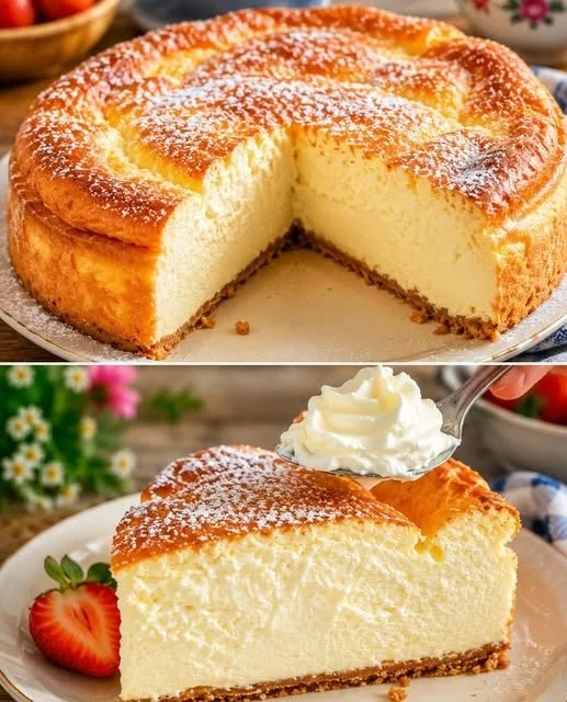 Omas Ultracremiger Quarkkuchen auf einer Tortenplatte, ideal für jeden Anlass