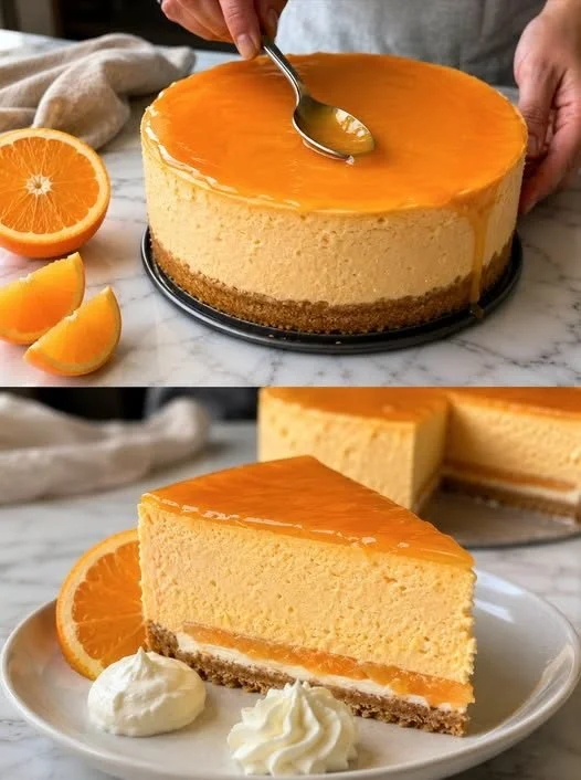 Erfrischender Orangen-Schmandkuchen ohne Backen auf einem Teller