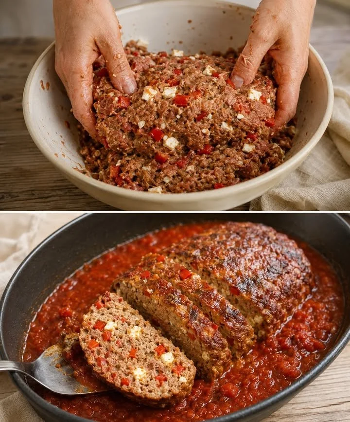Paprika-Feta-Hackbraten auf einem Teller angerichtet