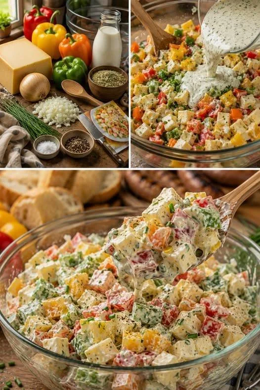 Leckere Paprika-Gouda-Salat mit frischen Zutaten und schmackhaftem Dressing.