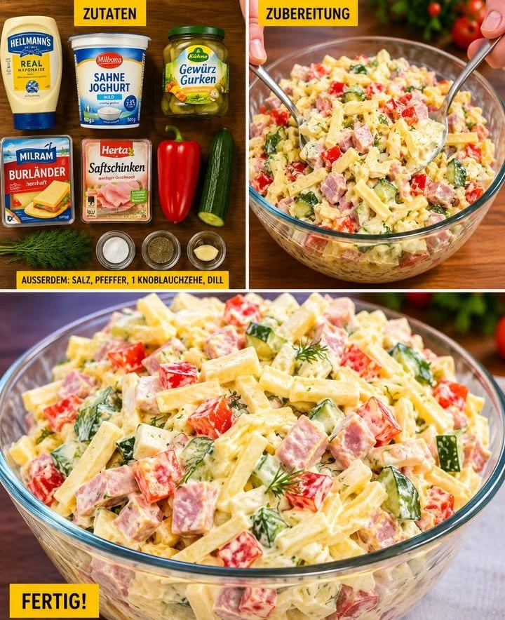 Paprika-Gouda-Salat mit Fleischwurst in einer bunten Schüssel