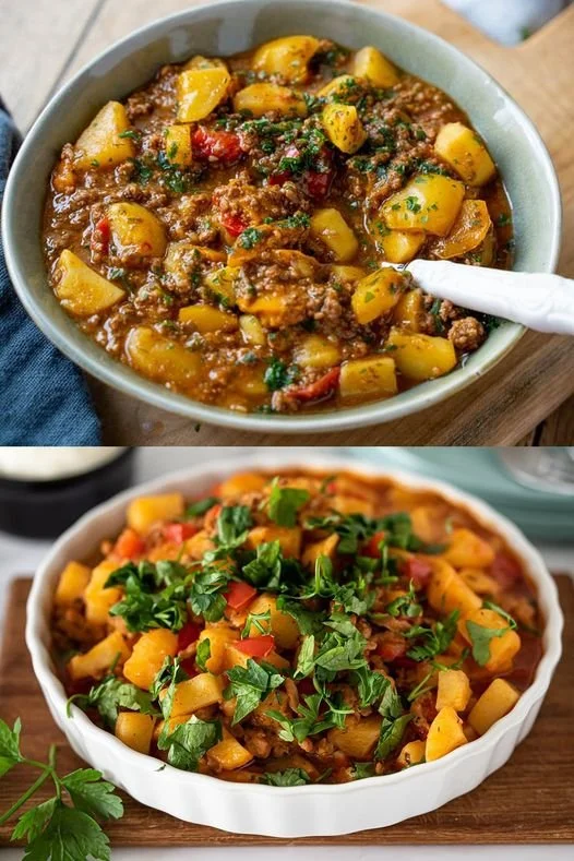 Leckere Paprika Kartoffel Pfanne mit Hackfleisch auf einem Teller