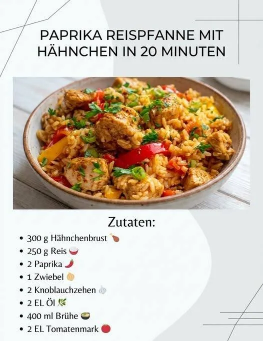 Paprika-Reispfanne mit Hähnchen auf einem Teller serviert