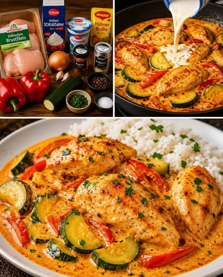 Paprika Zucchini Hähnchen in Sahnesauce auf einem Teller serviert.