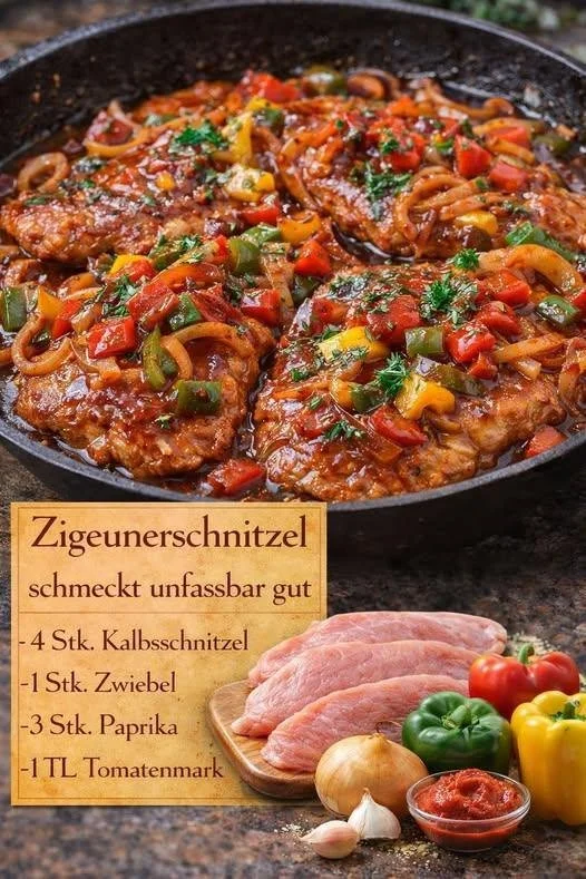 Zigeunerschnitzel mit Paprika auf einem Teller serviert