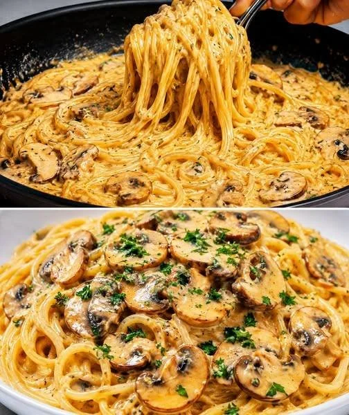 Teller mit Pilz-Spaghetti in einer cremigen Sauce, garniert mit Kräutern.