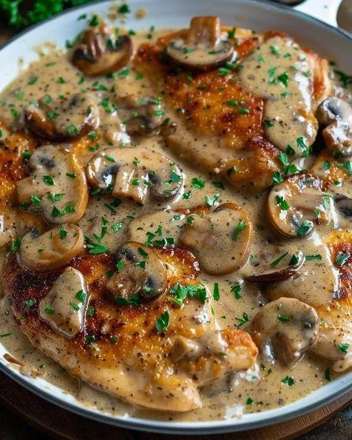 Pilzpfanne mit Hähnchenstreifen in Sahnesauce auf einem Teller serviert.
