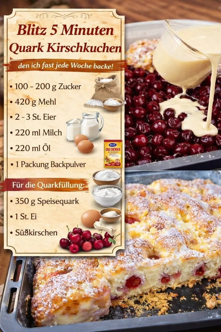 Quark Kirschkuchen mit frischen Kirschen und Quarkfüllung auf einem Tortenboden