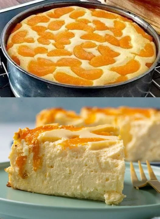 Quarkkuchen mit Mandarinen auf einem Teller serviert