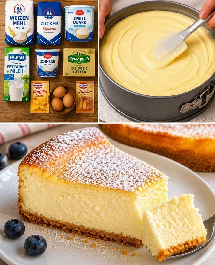 Leckerer Quarkkuchen mit Pudding auf einem Teller serviert.