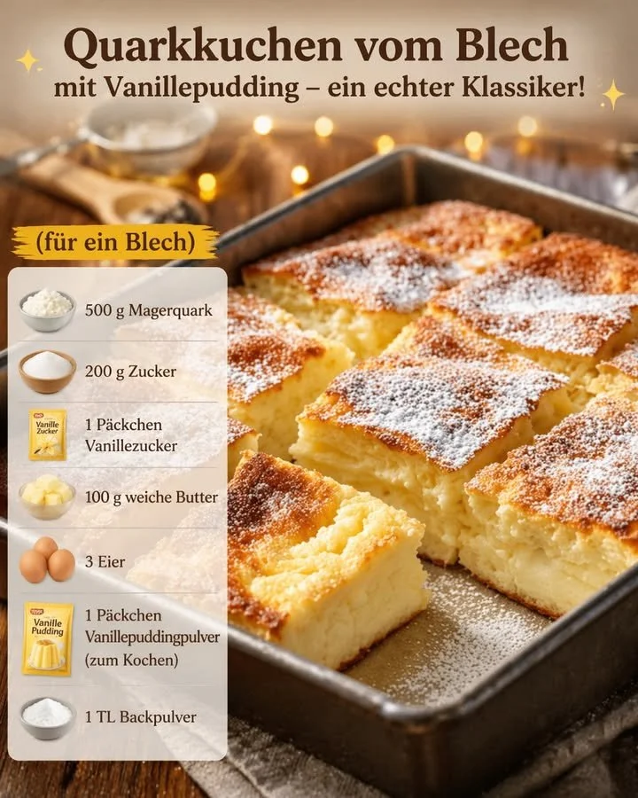 Quarkkuchen vom Blech mit Vanillepudding auf einem Teller serviert