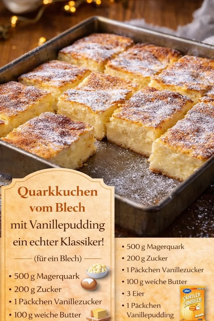 Leckerer Quarkkuchen vom Blech mit Vanillepudding auf einem Tablett