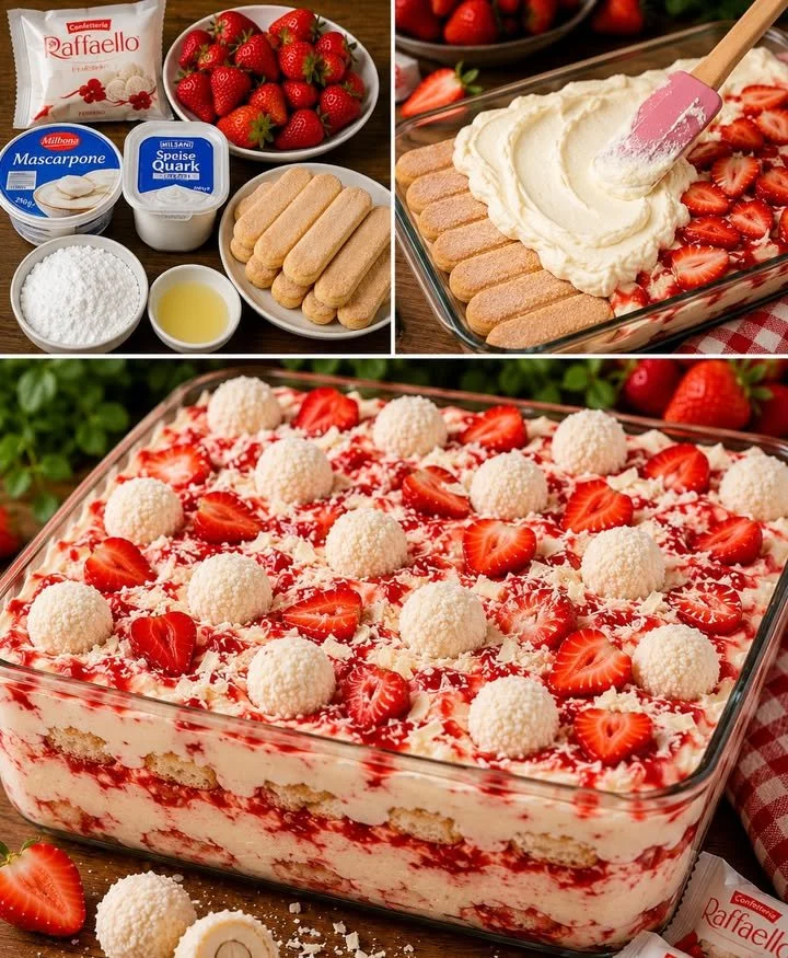 Leckeres Raffaello Erdbeer-Tiramisu mit frischen Erdbeeren und cremiger Schicht