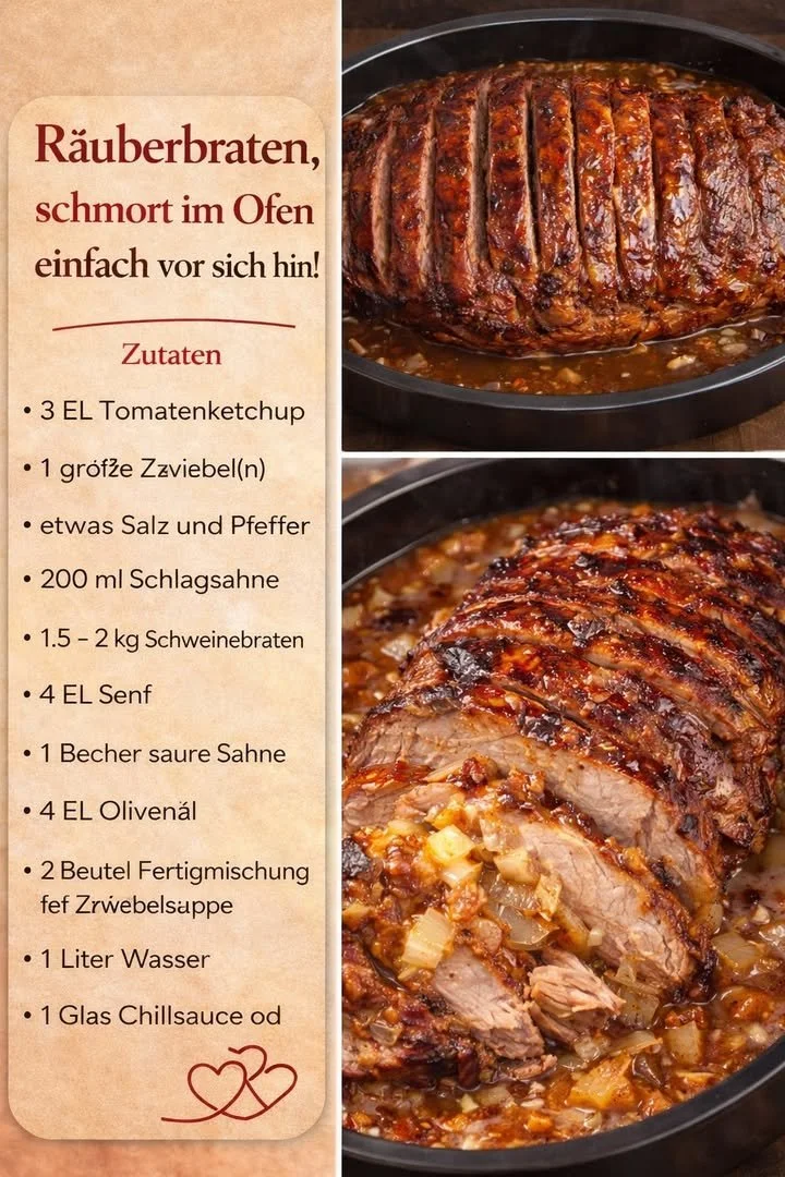 Leckeres Gericht Räuberbraten mit Sauce und Beilagen auf einem Teller
