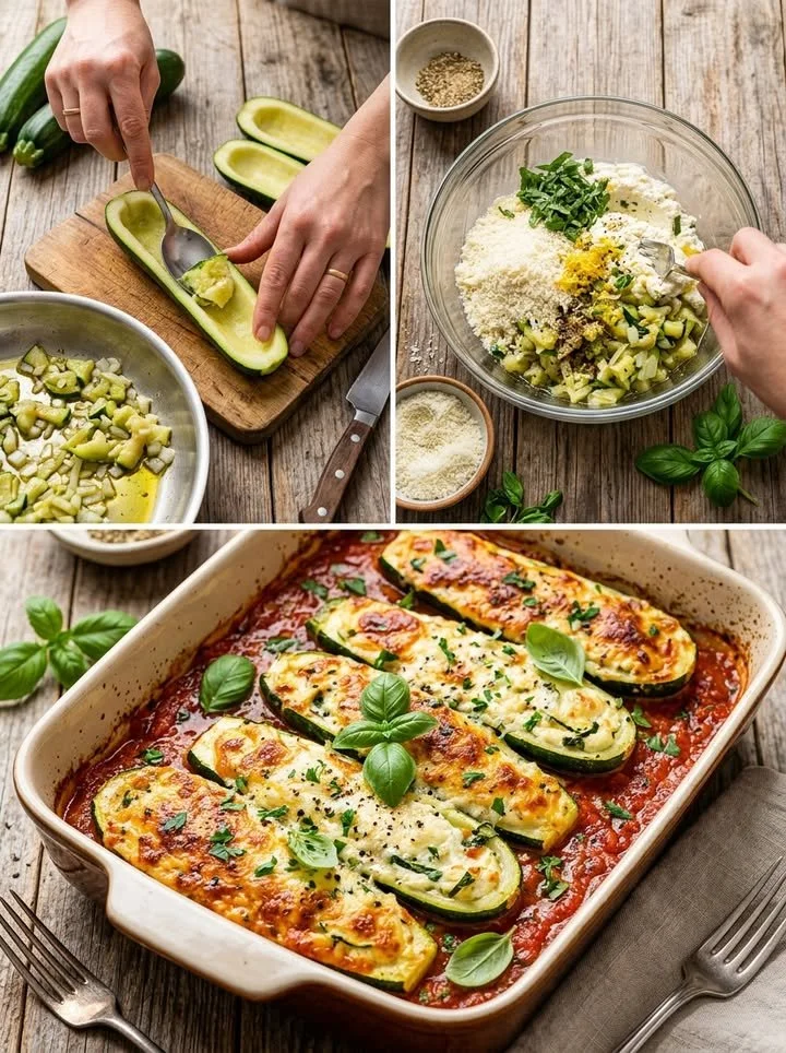 Ricotta gefüllte Zucchini auf einem Teller serviert