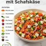 Rote-Linsen-Salat mit Schafskäse auf einem bunten Teller angerichtet