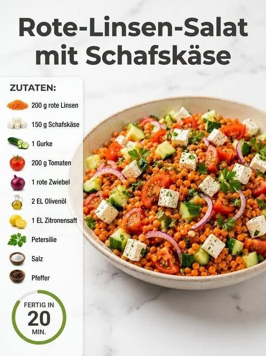 Rote-Linsen-Salat mit Schafskäse auf einem bunten Teller angerichtet