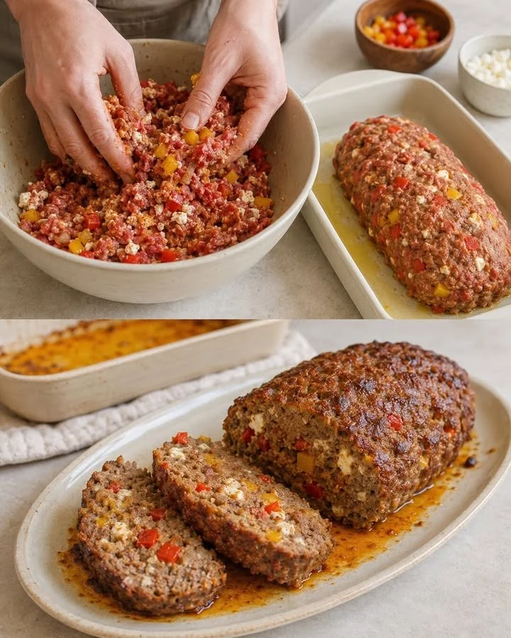 Saftiger Hackbraten mit Paprika und Feta auf einem Teller serviert