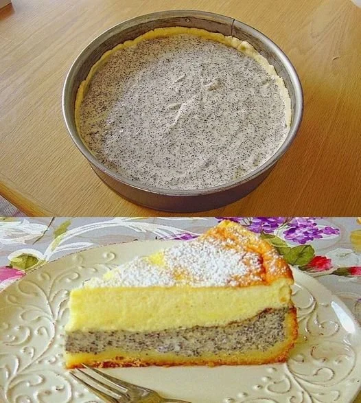 Schmandkuchen mit Mohn auf einem Teller, perfekt für jeden Anlass.