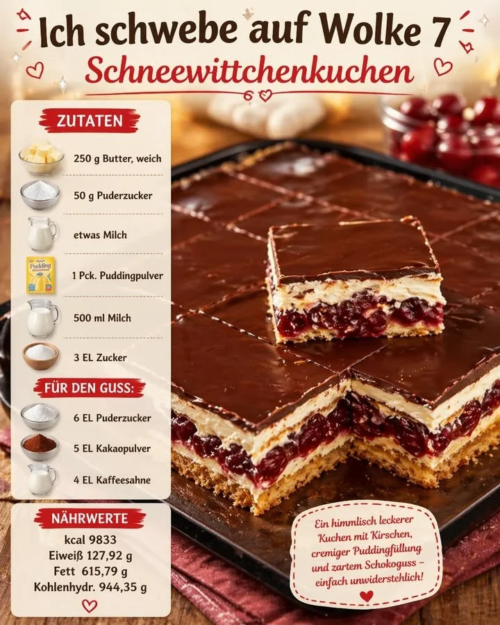 Delizierter Schneewittchenkuchen mit Schichten aus Sahne und Schokolade