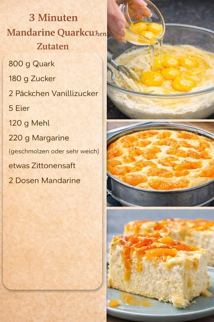 Schneller Mandarinen Quarkkuchen in einer weißen Backform