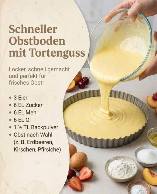 Schneller Obstboden mit frischen Früchten und glänzendem Tortenguss