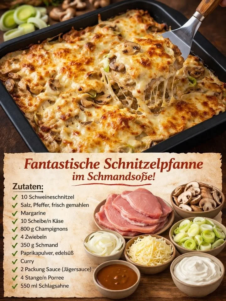 Schnitzelpfanne im Schmandsoße auf einem Teller serviert