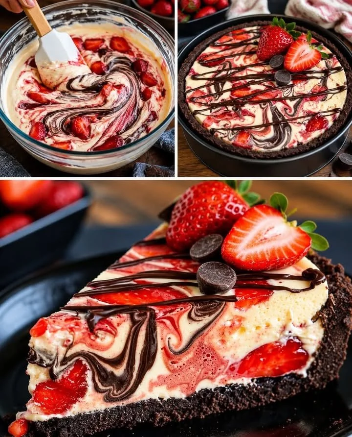 Schoko Erdbeer Käsekuchen mit frischen Erdbeeren und Schokolade