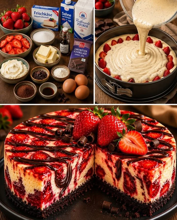 Leckerer Schoko Erdbeer Käsekuchen mit frischen Erdbeeren und Schokoladengeschmack