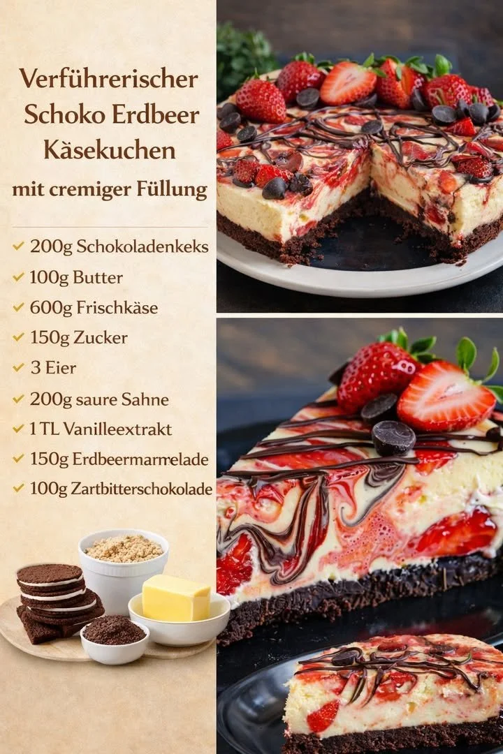 Schoko Erdbeer Käsekuchen mit frischen Erdbeeren und cremiger Käsefüllung