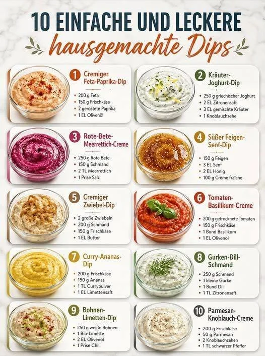 Selbstgemachte Dips in Schalen auf einem Tisch.