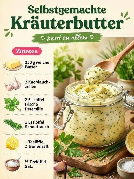 Selbstgemachte Kräuterbutter mit frischen Kräutern auf einem Holzbrett