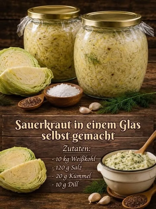 Selbstgemachtes Sauerkraut im Glas mit frischen Zutaten