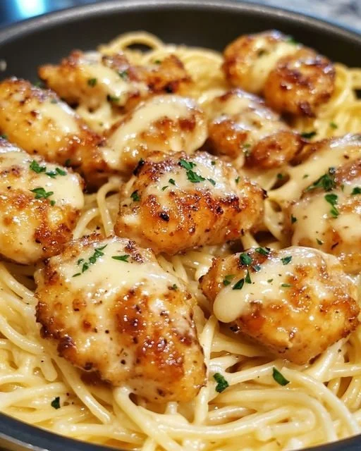 Spaghetti mit Hähnchen in Parmesan Knoblauchsauce auf einem Teller serviert