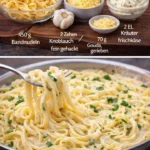 Spaghetti mit Knoblauch-Käsesauce auf einem Teller