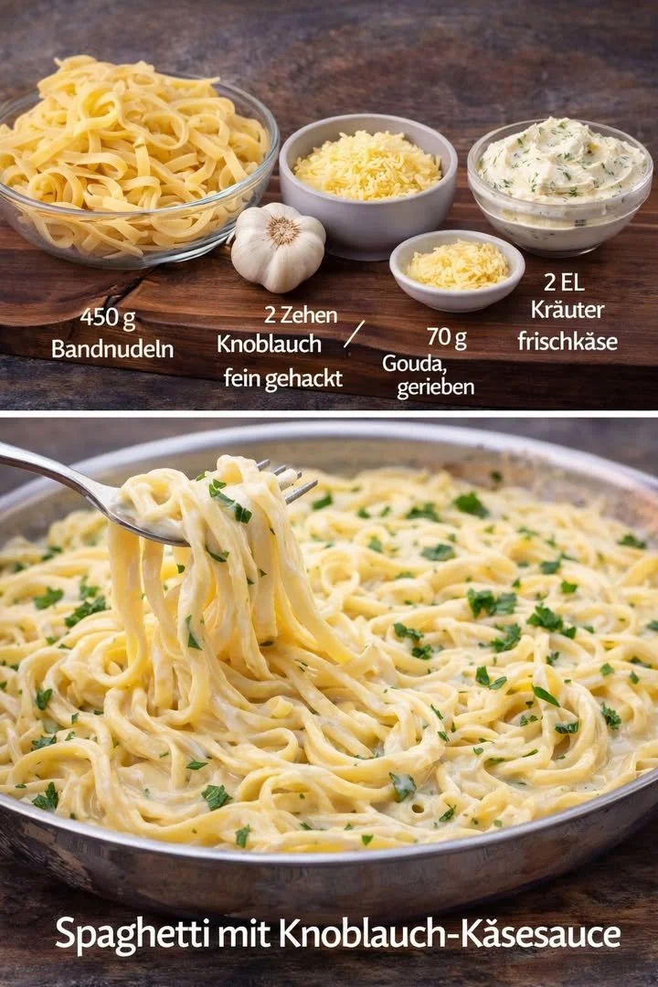Spaghetti mit Knoblauch-Käsesauce auf einem Teller