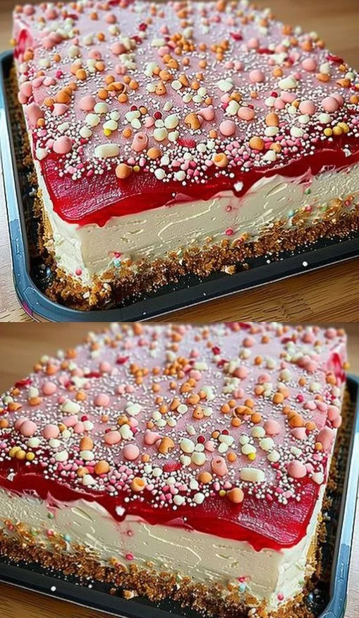 Leckere Scheiben von Spaghettieis Blechkuchen auf einem Teller