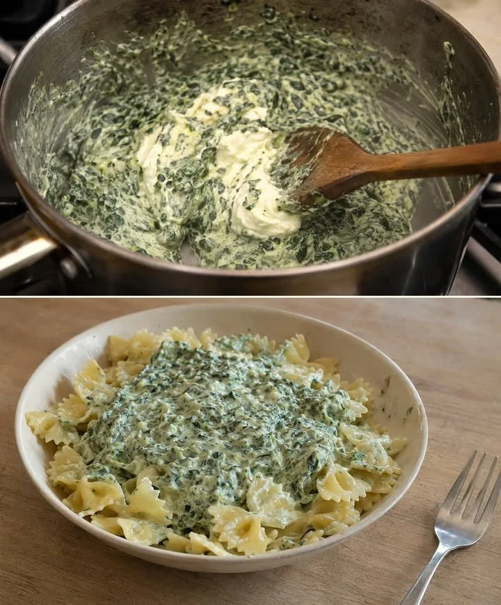 Leckere Spinat-Frischkäse-Soße in einer Schüssel, perfekt für Pasta-Gerichte.