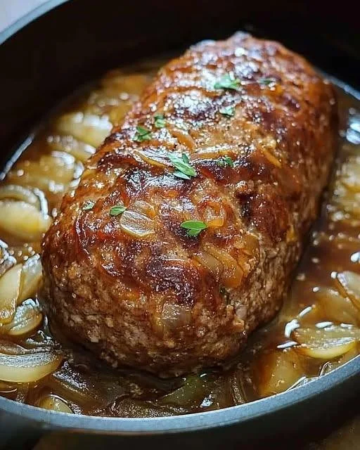 Saftiger Zwiebel Hackbraten auf einem Teller, serviert mit Beilagen.